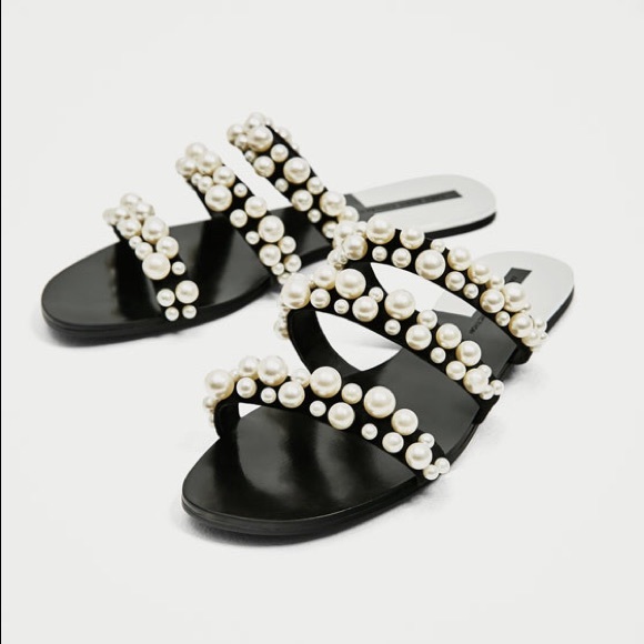 Zara Shoes - NEW Zara Pearl Strappy Black Sandals Shoes 37 6.5
